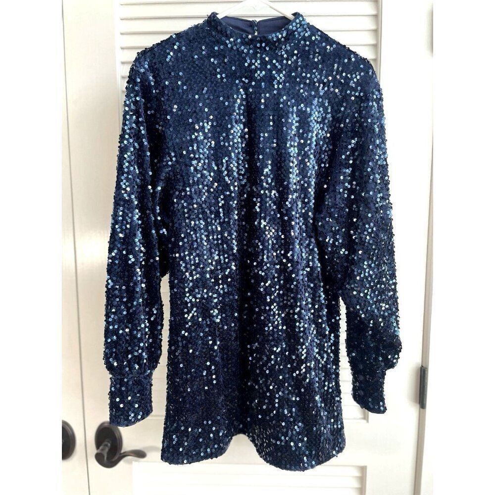 Camila Coelho Glam Party Blue Long Sleeve Mock Neck Sequin Dress Women's  S